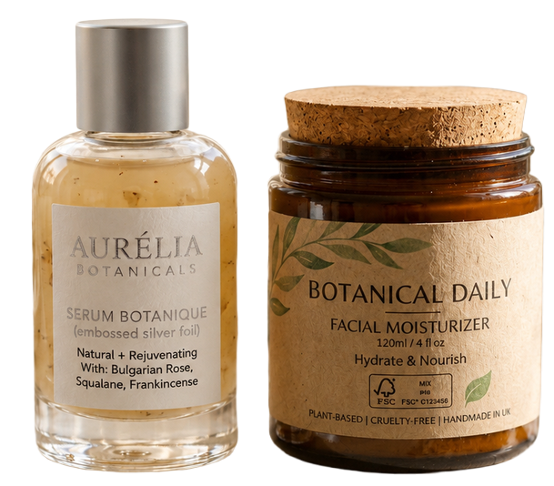 Premium botanical product labels on serum bottle and moisturizer jar